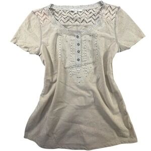Miss Me Beige Embroidered Lace Detail Henley Top Women's Size S